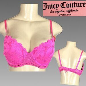 Juicy Couture 36C Logo Script Pink Floral Mesh Sculpted Underwire Push-Up Bra